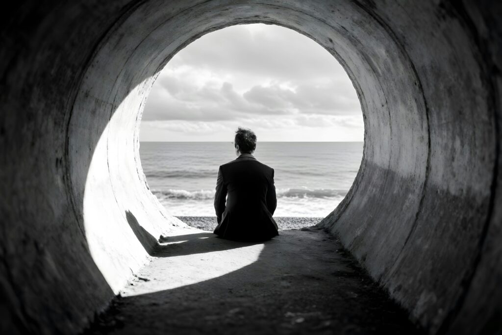 A silhouette of a lone figure standing at the mouth of a dark, concrete tunnel, looking out toward the vast and infinite horizon of the ocean. The heavy, industrial shadows of the tunnel frame the person’s smallness against the scale of the sea. This image serves as a visual metaphor for the threshold between the safety of the known and the daunting expanse of an unrecorded life, from the blog "The Fear of Being Ordinary" by Dhrruv Tokas.